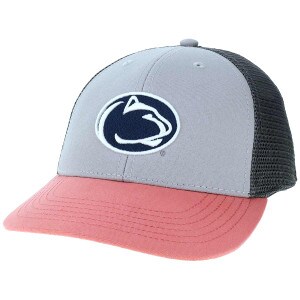 youth trucker hat with embroidered Penn State Athletic Logo, salmon brim